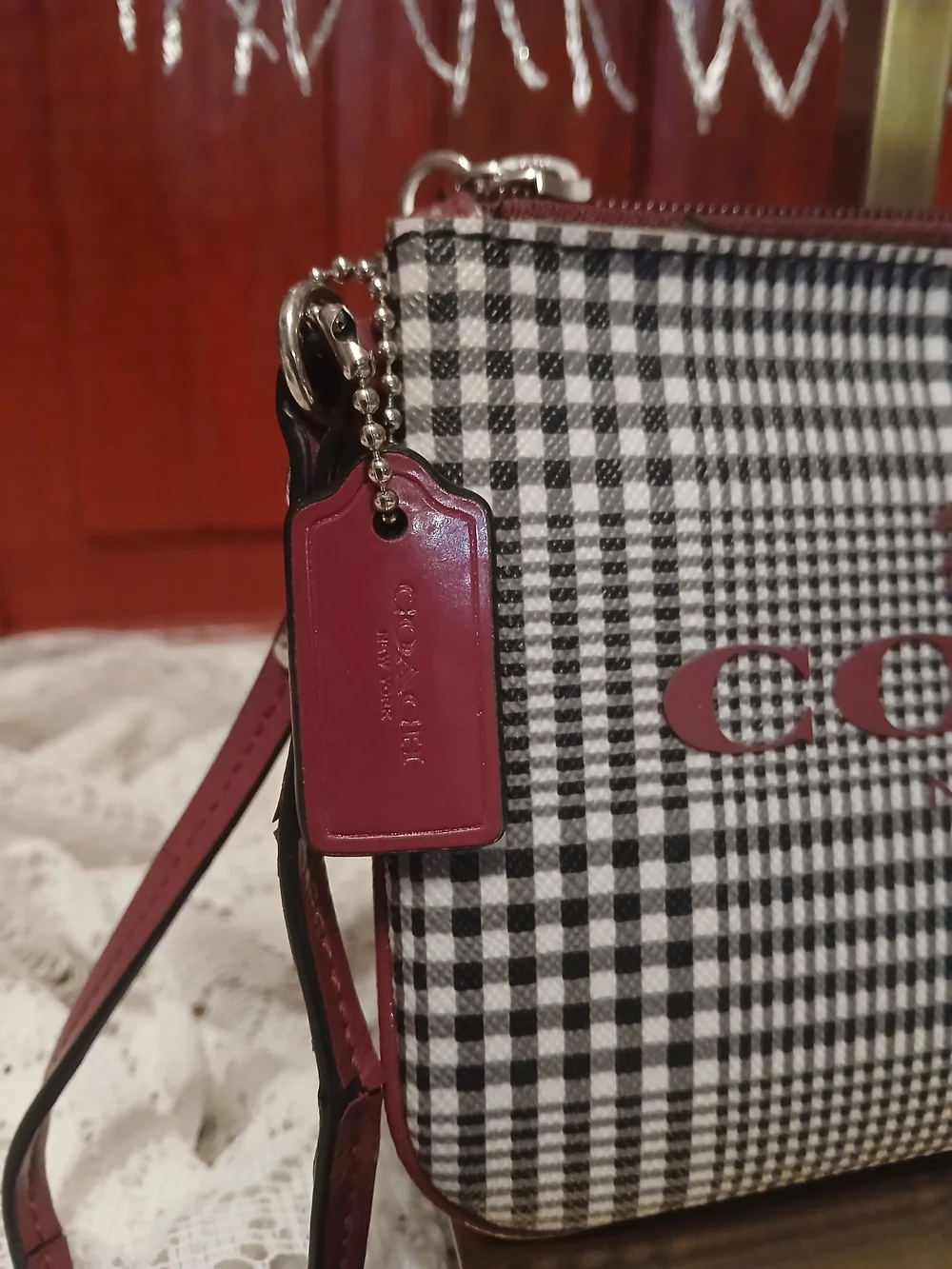 Coach Peyton Glen Plaid Wristlet with Cranberry Accent